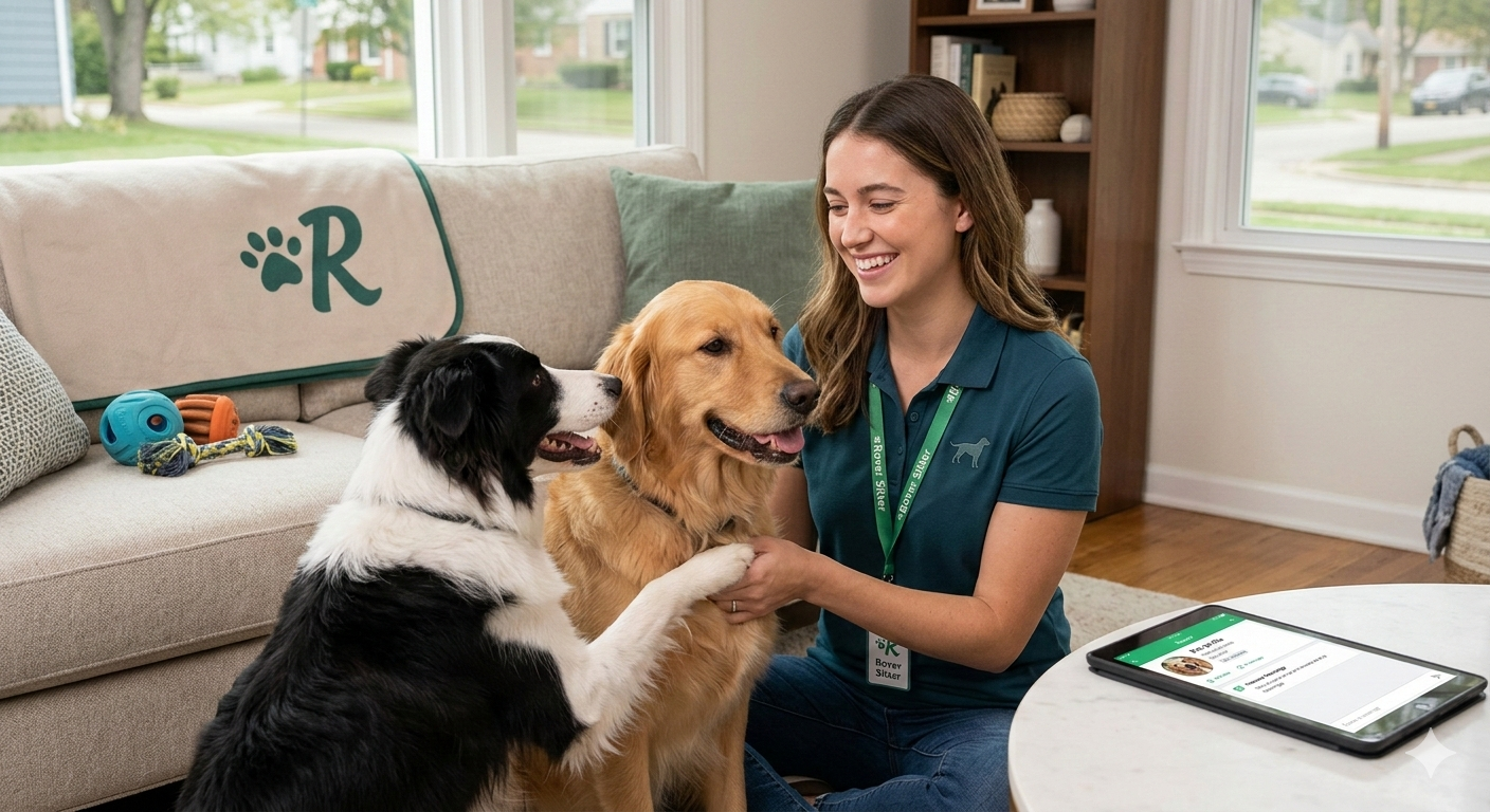 A professional pet sitter working for Rover reviews a booking on her tablet while sitting with a Golden Retriever and a Border Collie in a bright living room.